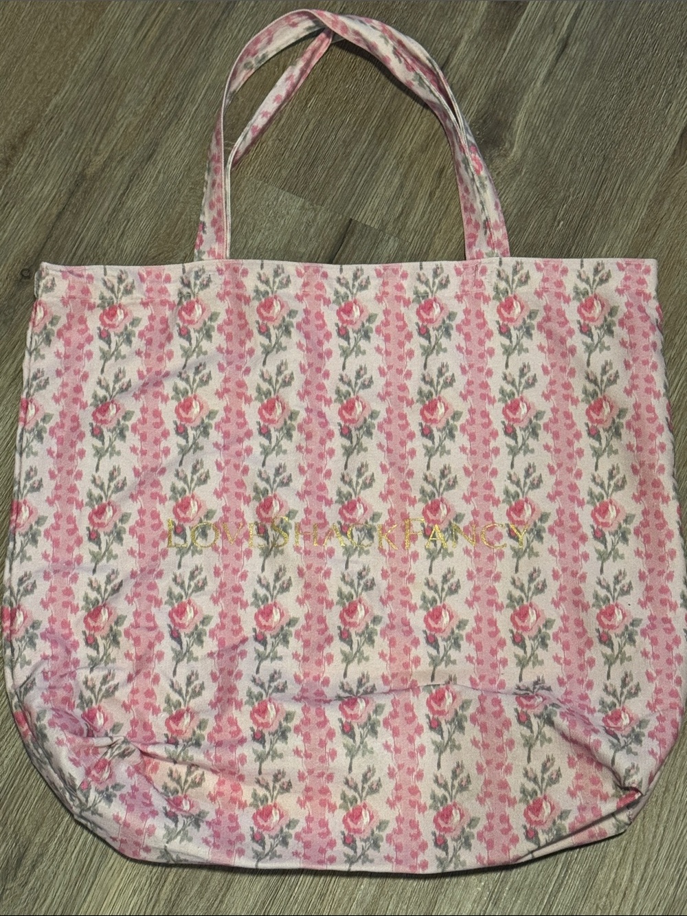 Love Shack Fancy Pink Floral Canvas Tote Bag with Rose Pattern